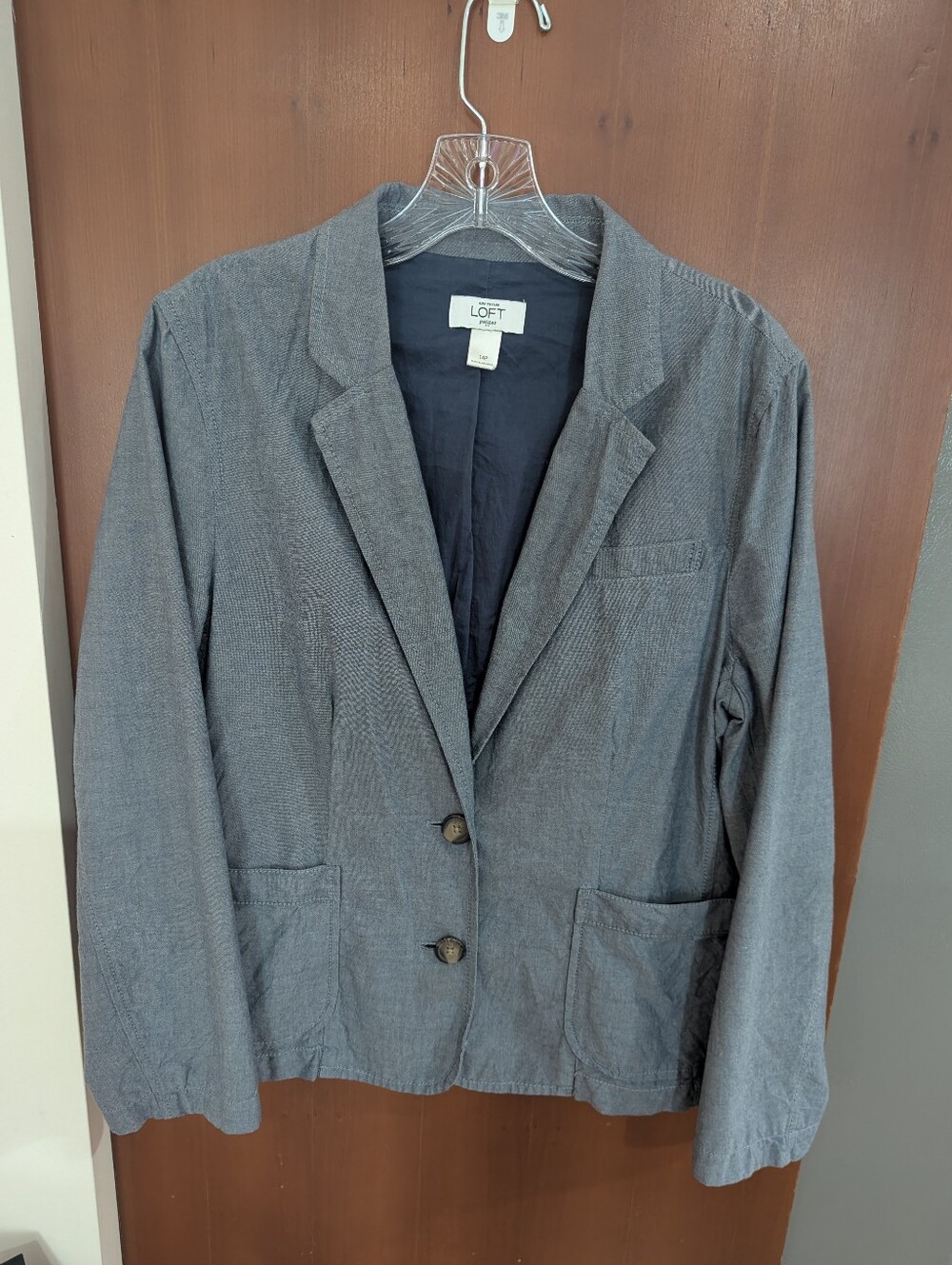 Loft Ann Taylor Jacket Cotton Denim Slate Blue Lined Blazer Sz 14P Petite *EUC
